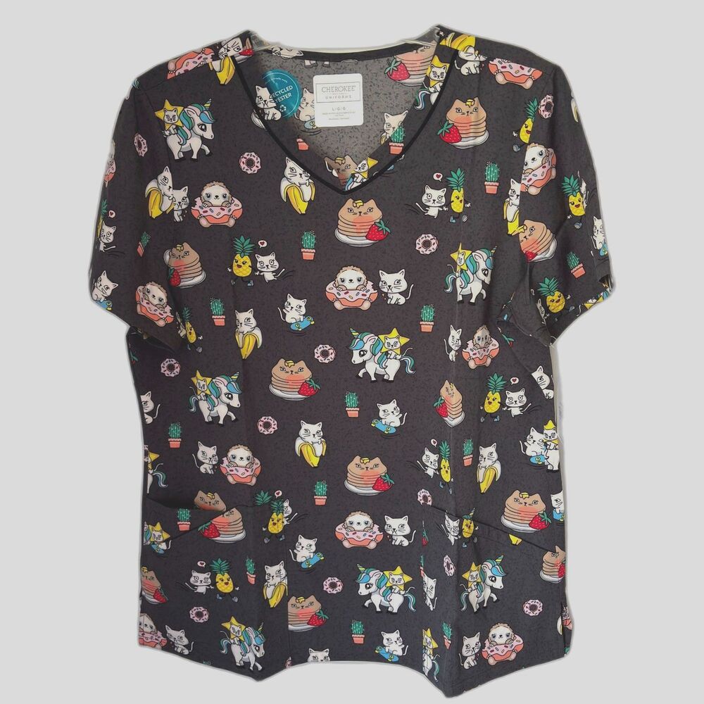 Cherokee Medical Uniforms Nurse Scrub V Neck 4 Pocket Whimsical Cats Scrub Top L